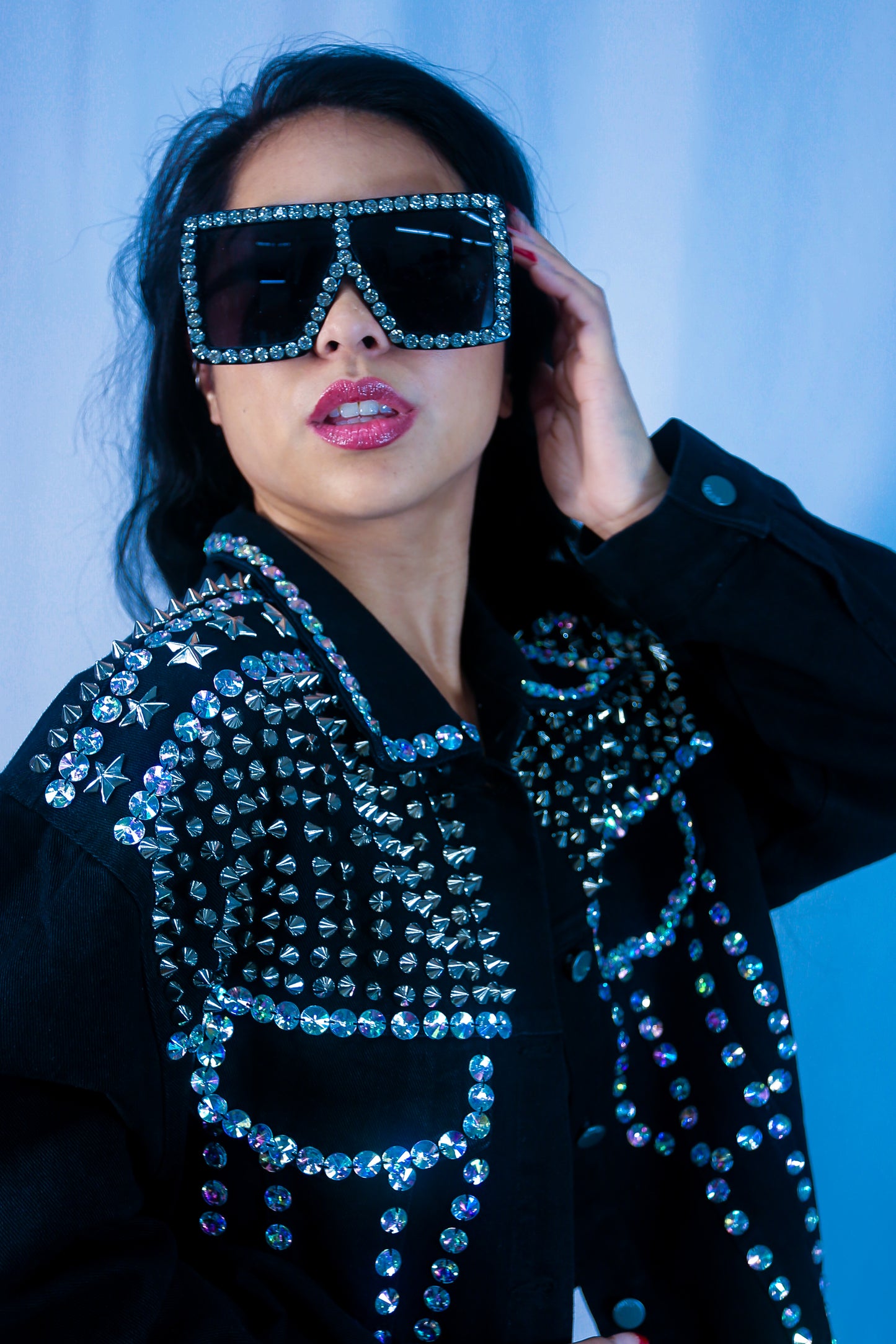 Rhinestone Rocker Denim Jacket - Black