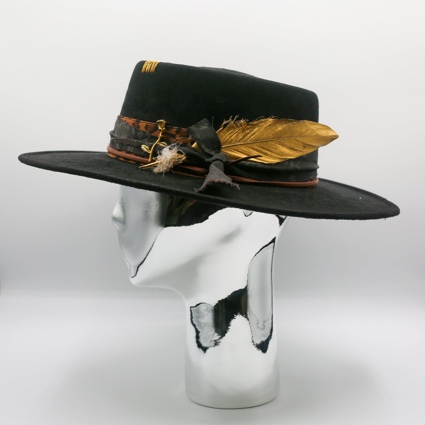 Rose and Gold Feather Wide Brim Hat - Black