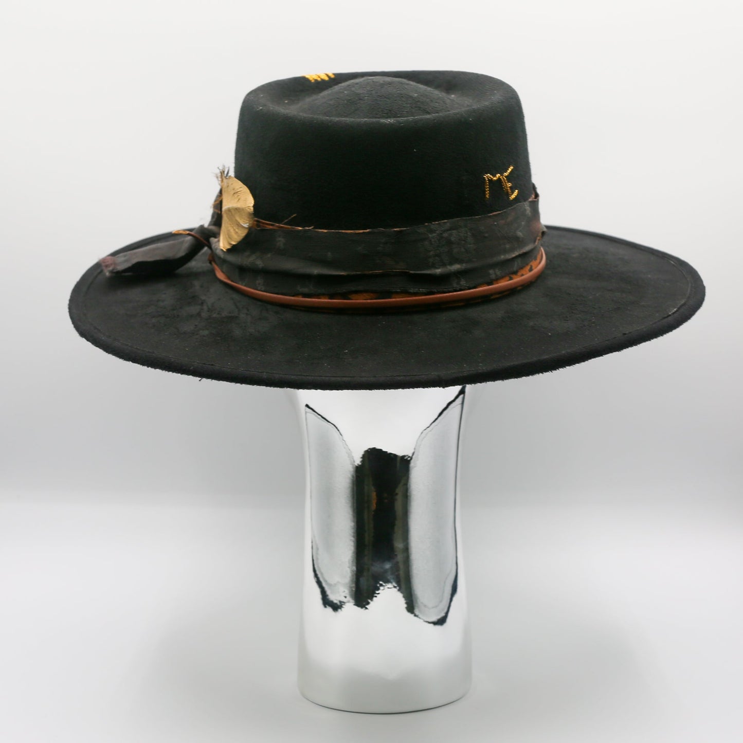 Rose and Gold Feather Wide Brim Hat - Black