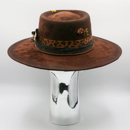 Rose and Gold Feather Wide Brim Hat - Tan