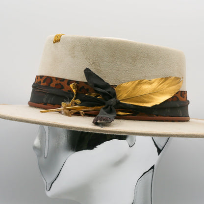 Rose and Gold Feather Wide Brim Hat - Cream