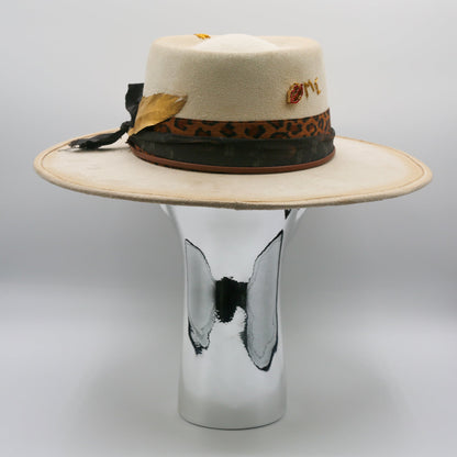 Rose and Gold Feather Wide Brim Hat - Cream